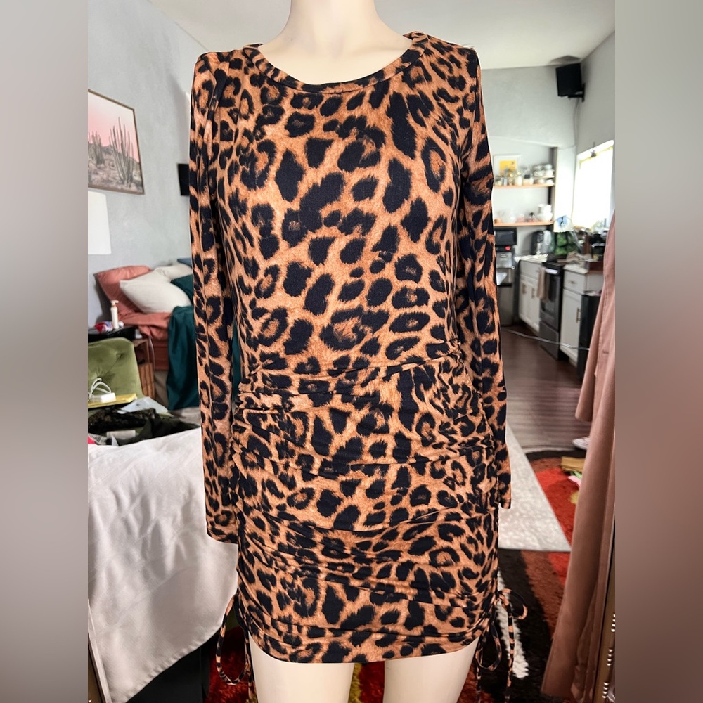 Leopard Print Long Sleeve Dress - Black & Tan